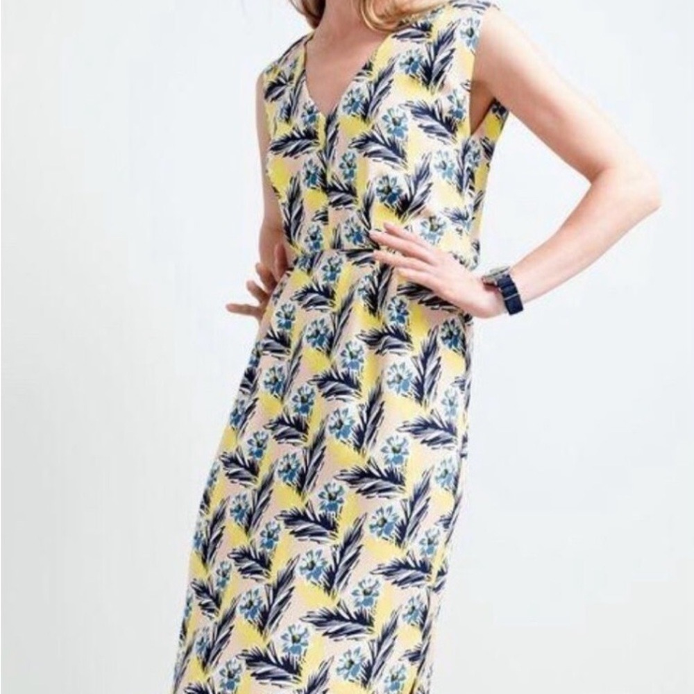 J.Crew Yellow Tropical Palm Floral V-Neck Sheath Midi Dress with Side Slits 0
